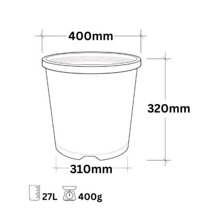 Black large plastic pot, 27-litre capacity, 400mm (16-inch) diameter, 320mm height, ideal for gardening, landscaping, and plant propagation.