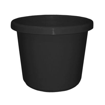 Black large plastic pot, 52-litre capacity, 500mm (20-inch) diameter, 390mm height, ideal for gardening, landscaping, and plant propagation.