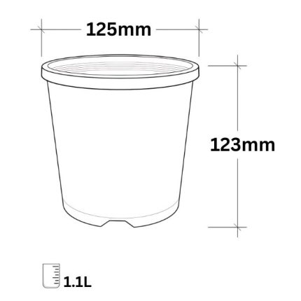 Black plastic pot, 1.1-litre capacity, 125mm (5-inch) diameter, 123mm height, made in Australia, ideal for gardening, seedlings, and plant propagation.