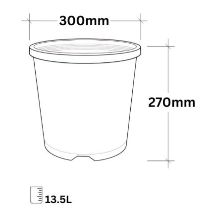 Black plastic pot, 13.5-litre capacity, 300mm (12-inch) diameter, 270mm height, ideal for gardening, seedlings, and plant propagation.