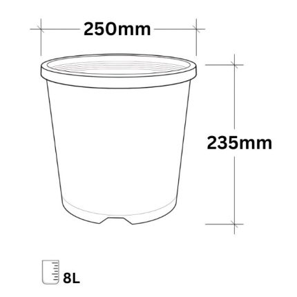 Black plastic pot, 8-litre capacity, 250mm (10-inch) diameter, 235mm height, ideal for gardening, seedlings, and plant propagation.