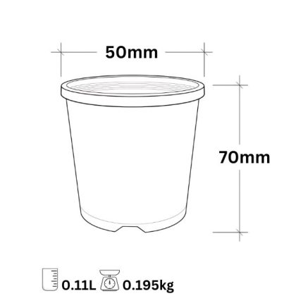 Garden City Plastics black plastic pot tube, 50mm (2-inch) diameter, 70mm height, 0.011-litre capacity, made in Australia, ideal for seedlings and propagation.