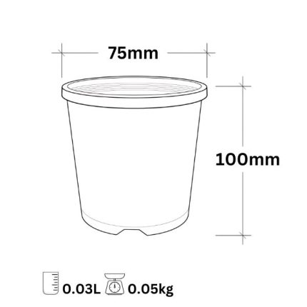 Black plastic pot tube, 75mm (3-inch) diameter, 100mm height, 0.03-litre capacity, made in Australia, ideal for seedlings and propagation.