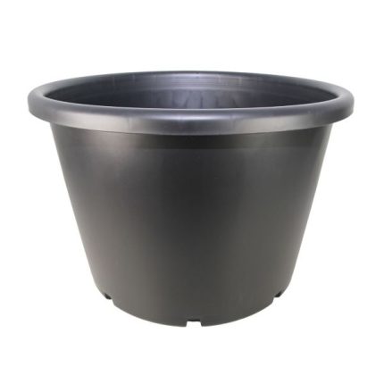 Garden City Plastics large black squat plastic pot, 70-litre capacity, 580mm diameter, and 400mm height, made from durable PP5 recyclable plastic, ideal for gardening and landscaping.