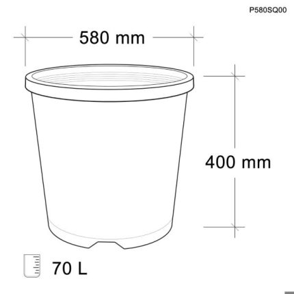 Garden City Plastics large black squat plastic pot, 70-litre capacity, 580mm diameter, and 400mm height, made from durable PP5 recyclable plastic, ideal for gardening and landscaping.