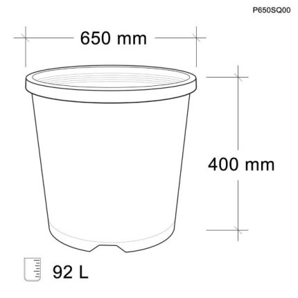 Garden City Plastics large black squat plastic pot, 92-litre capacity, 650mm diameter, and 400mm height, made from durable PP5 recyclable plastic, ideal for gardening and landscaping.