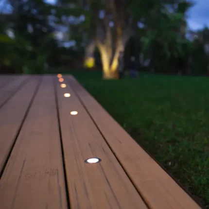 Warm white deck lights providing subtle outdoor illumination