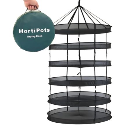 Hortipots Herb Drying Rack with 6 mesh layers, 3 feet in diameter, designed for drying herbs, fruits, and flowers in gardening and hydroponic setups.