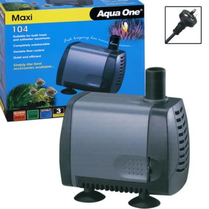 Aqua One Maxi 104 Water Pump, 2000L/h flow, ideal for aquariums and hydroponic systems.