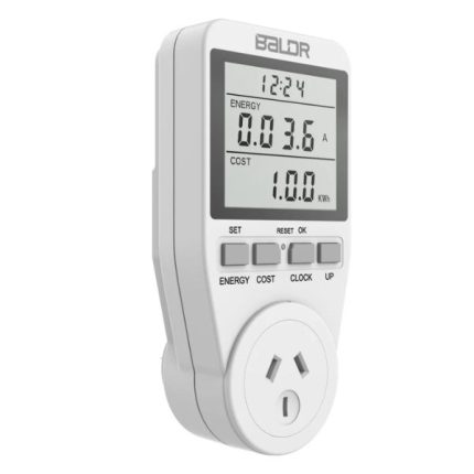 Baldr AU Power Usage Meter, compact plug-in device with LCD for monitoring appliance energy consumption and costs