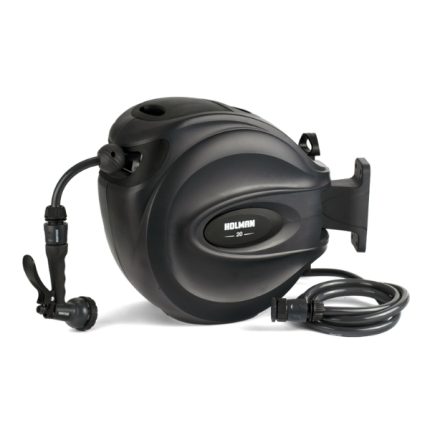 Holman 20m Retractable Hose Reel in Charcoal with UV-resistant casing and 180° swivel mount