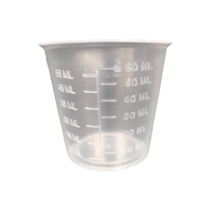 60mL plastic measuring cup with 5mL increments, suitable for gardening and hydroponic nutrient mixing