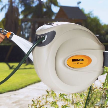 Holman 15m Auto Rewind Hose Reel with automatic retraction, 15m hose, and a durable, compact design.