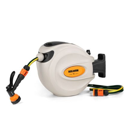 Holman 15m Auto Rewind Hose Reel with automatic retraction, 15m hose, and a durable, compact design.