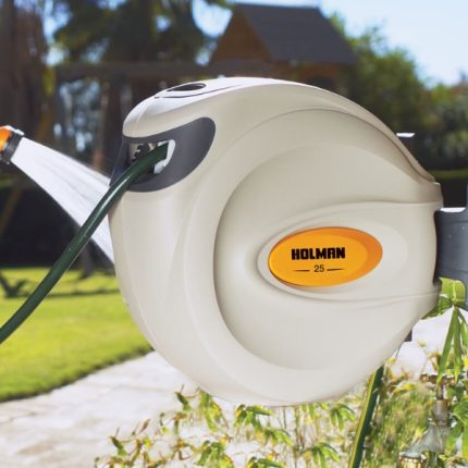 Holman 25m Auto Rewind Hose Reel with automatic retraction, 25m hose, and a durable, compact design.