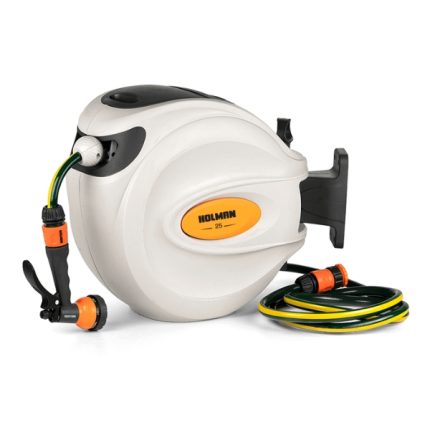 Holman 25m Auto Rewind Hose Reel with automatic retraction, 25m hose, and a durable, compact design.