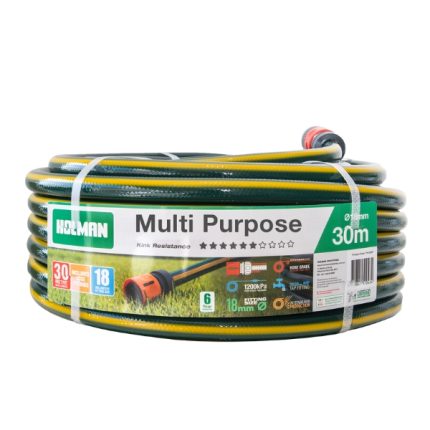 Holman 18mm × 30m Multi-Purpose Garden Hose with removable fittings.