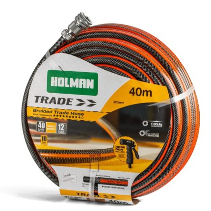 Holman 40m Trade Hose with chrome-plated brass fittings and included spray gun.